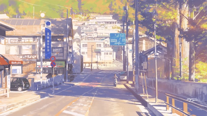 Anime street scene with buildings and trees