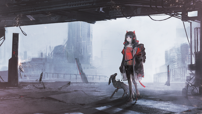 Anime girl with red horns and dog in ruined city
