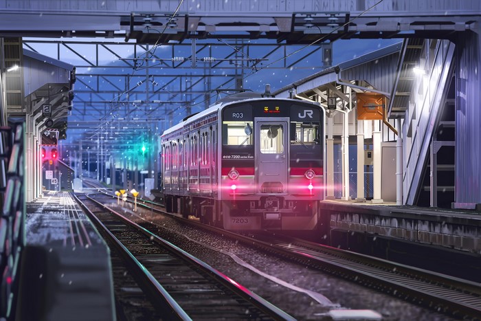 Anime train station with a JR train in snow