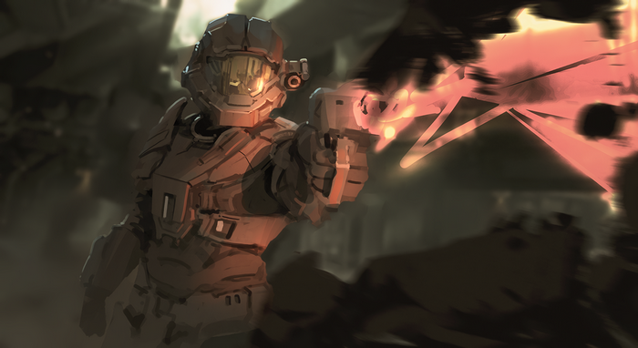 Master Chief from Halo firing a weapon