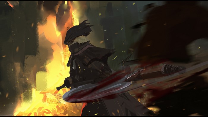 Hunter from Bloodborne in front of a fire