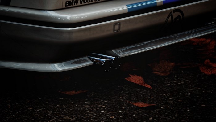 BMW M3 E30 exhaust pipes and autumn leaves