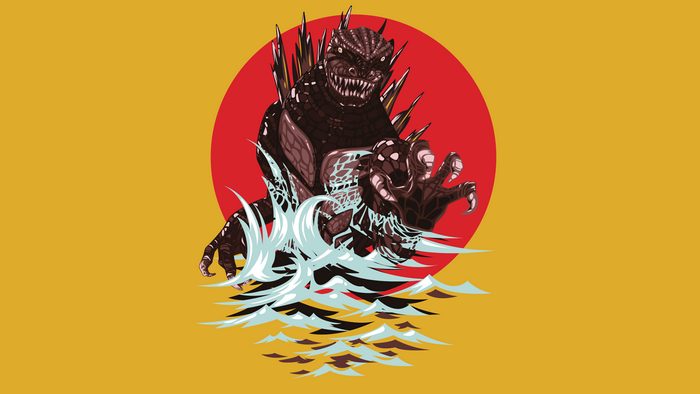 Godzilla in front of a red sun
