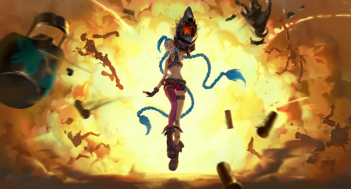 Jinx from League of Legends in an explosion