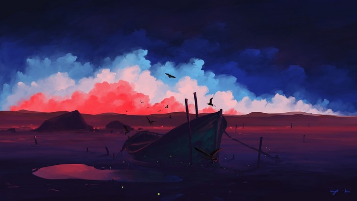 Artwork of a boat with birds against a colorful sky