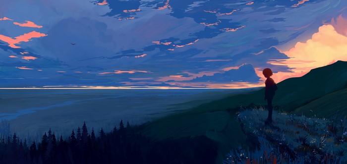 Artwork of a child overlooking a landscape at sunset