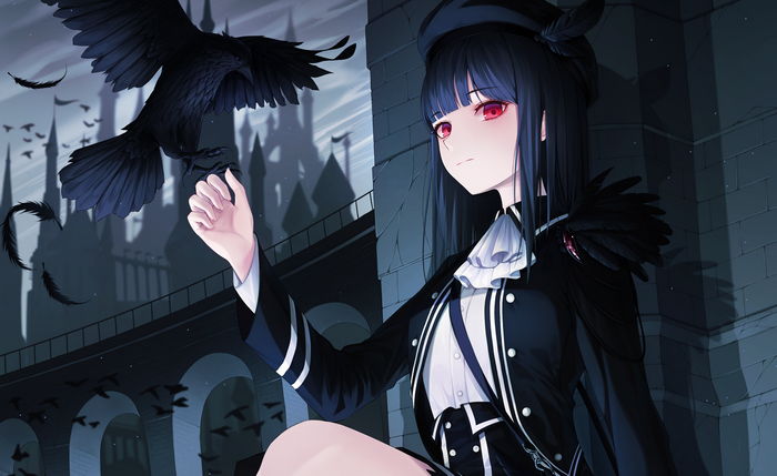 Anime girl with crow and castle background