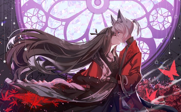 Anime couple kissing in front of stained glass