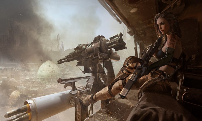 Woman with gun and weapon in a war-torn city