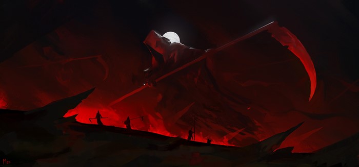 Grim Reaper with Scythe in a Red Landscape