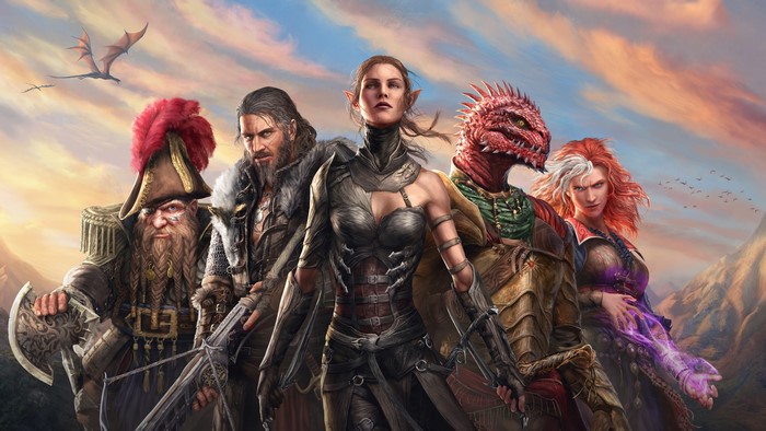 Divinity: Original Sin 2 characters with dragon in sky