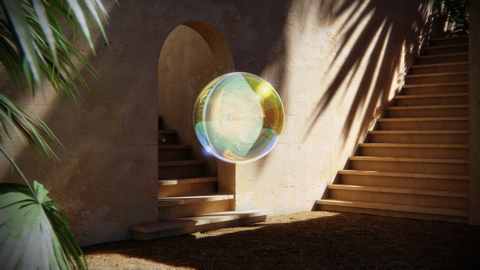 Crystal ball on sandstone stairs with palm shadows