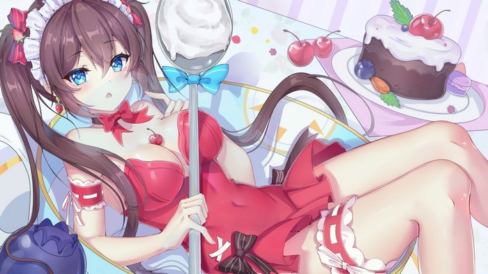 Anime girl in red dress with sweets and cherries