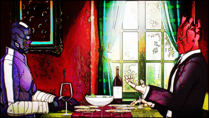 Noi and Shin from Dorohedoro at a dinner table