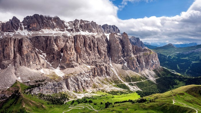 Dolomites Mountain Landscape with Winding Road and Forest