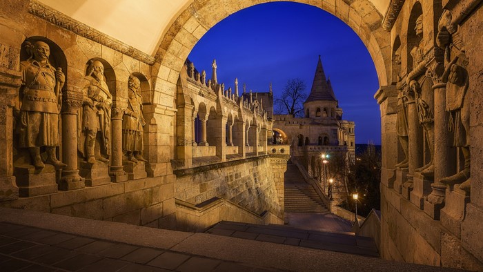 Fisherman's Bastion in Budapest, Hungary at dusk