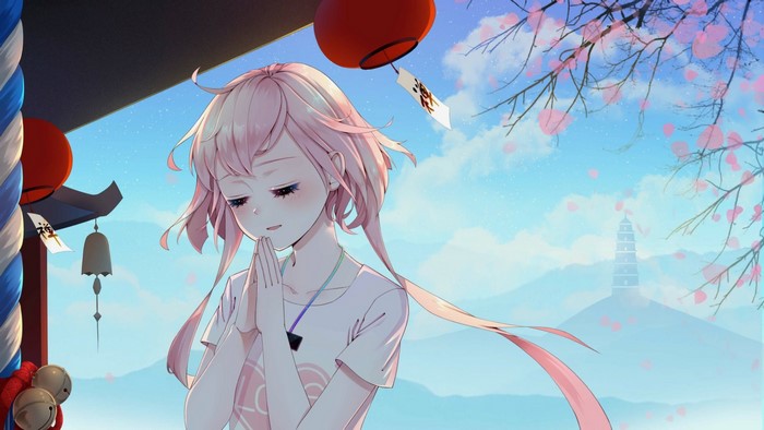 Anime girl with pink hair praying under a temple roof