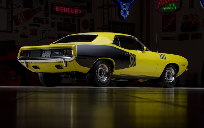 Yellow Plymouth Barracuda with black stripe