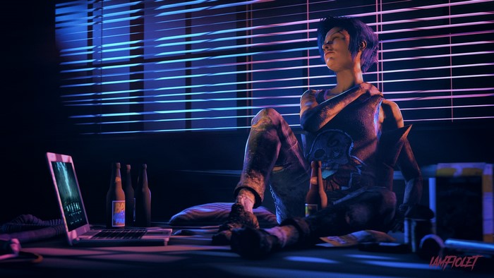 Character from Dead by Daylight sitting by a laptop