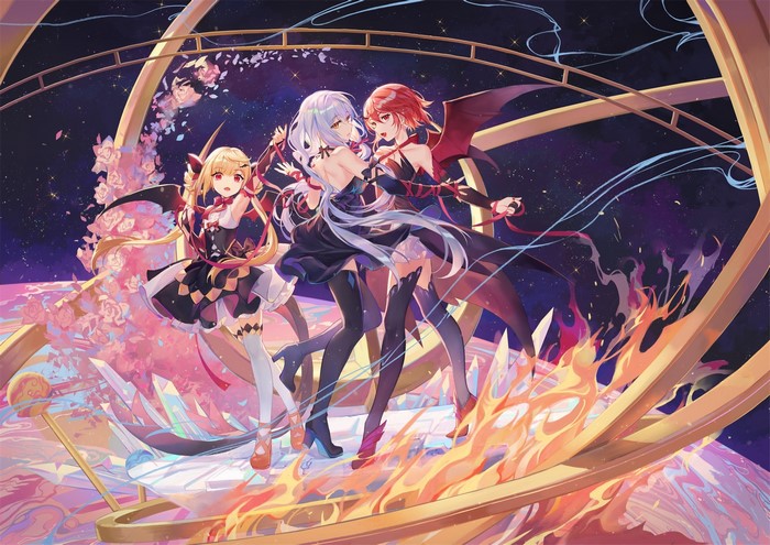 Three anime girls with wings and dresses in space