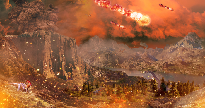 Dinosaurs during a volcanic eruption and meteor shower