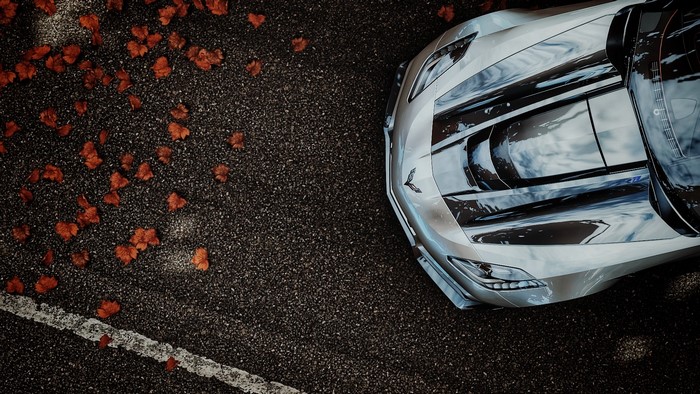 Chevrolet Corvette ZR1 on asphalt with fallen leaves