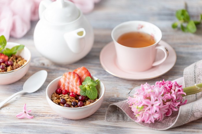 Breakfast with tea, granola, and fruit
