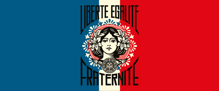 French flag with Marianne and "Liberté, Égalité, Fraternité"