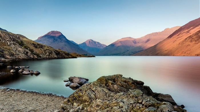 Lake and mountains landscape with long exposure effect