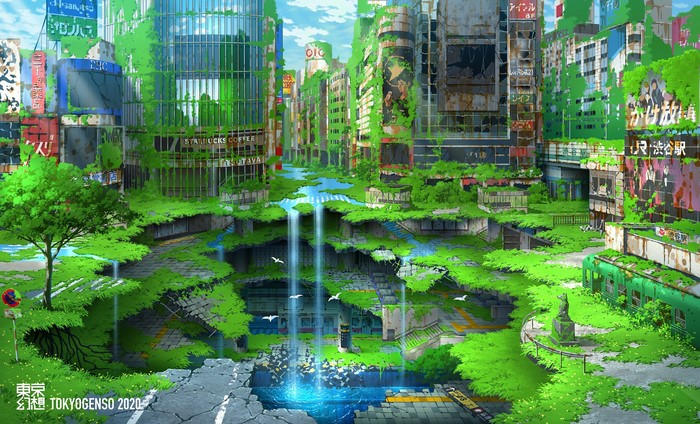 Post-apocalyptic Shibuya Station overgrown with nature