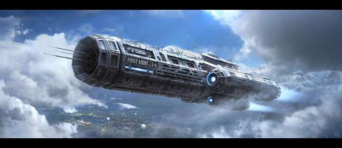 Science fiction spaceship 'First Light T-5' flying through clouds