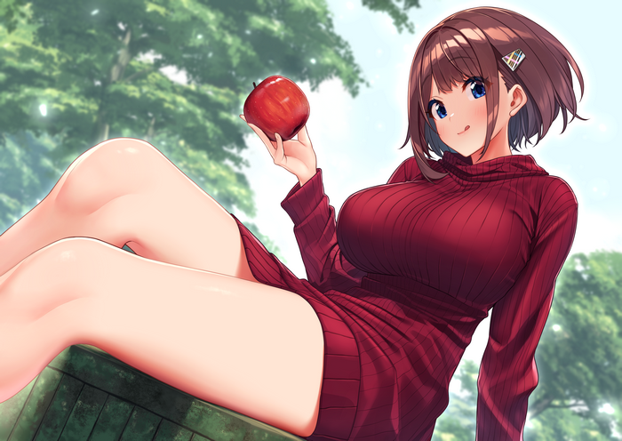 Anime girl in sweater dress holding an apple