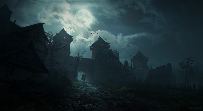 Knight on horseback entering a medieval village at night