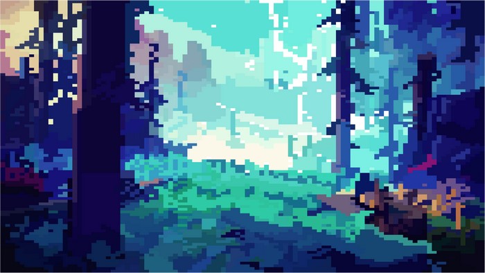 Pixel art forest with cyan and blue hues