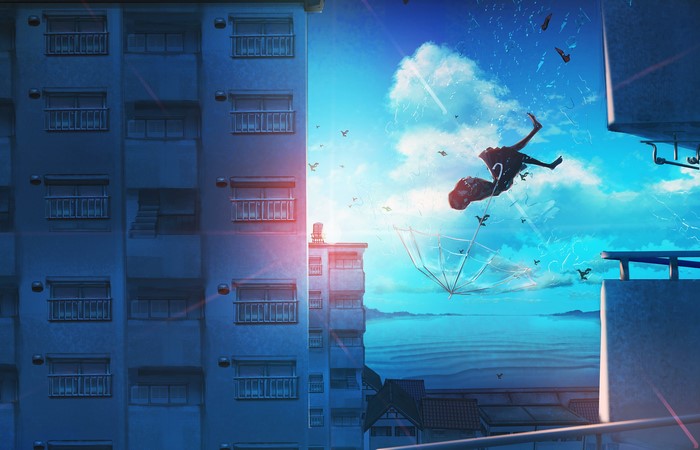 Anime girl falling with umbrella and birds