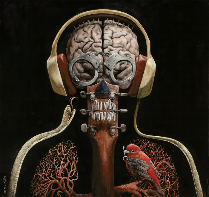 Artwork of a brain with headphones, handcuffs, guitar, snake, and bird