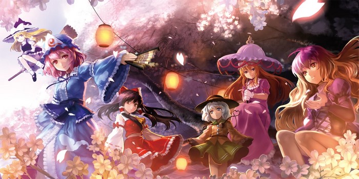 Anime girls from Touhou in a cherry blossom forest