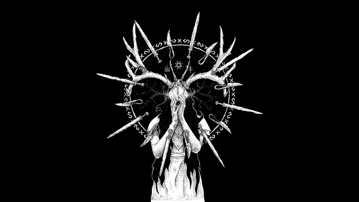 Creature with Antlers and Swords on Black Background