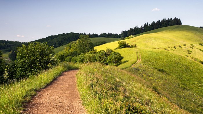 Dirt path through green hills and forests in Germany