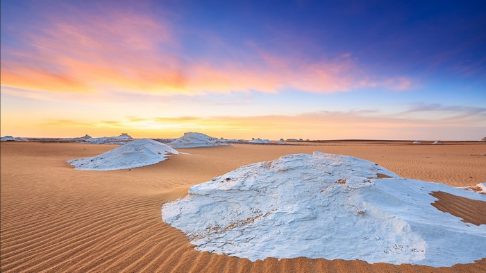White desert landscape at sunset in Egypt