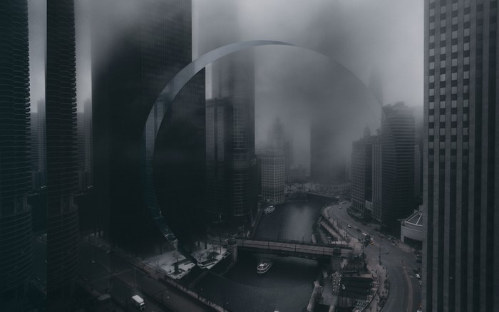 Chicago downtown city buildings in fog