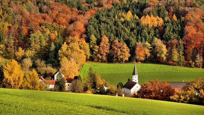 Autumn forest landscape with village and church