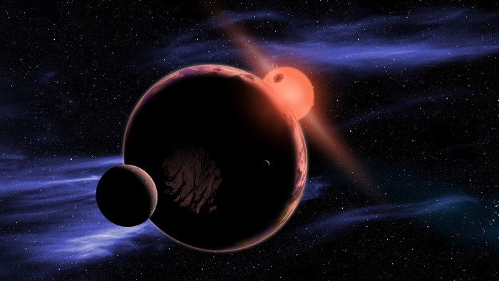 Planetary system with a red dwarf star and moons