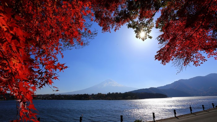Mount Fuji and red leaves over a lake in Japan