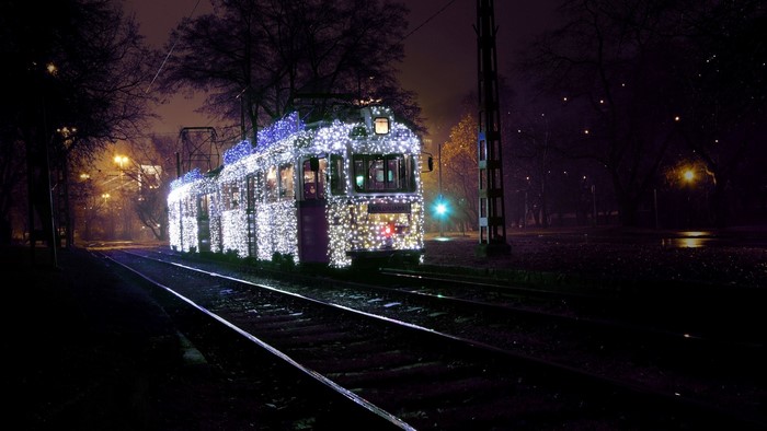 Decorated tram at night in Budapest, Hungary