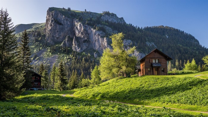 Wooden houses in the Alps with rocky mountains and forest