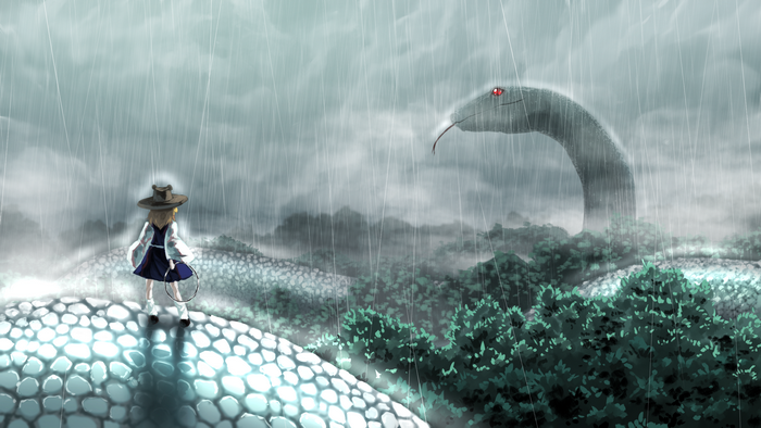 Suwako Moriya in a rainy landscape with a giant snake