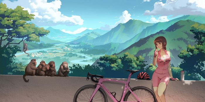 Girl in pink cycling outfit with bicycle and monkeys