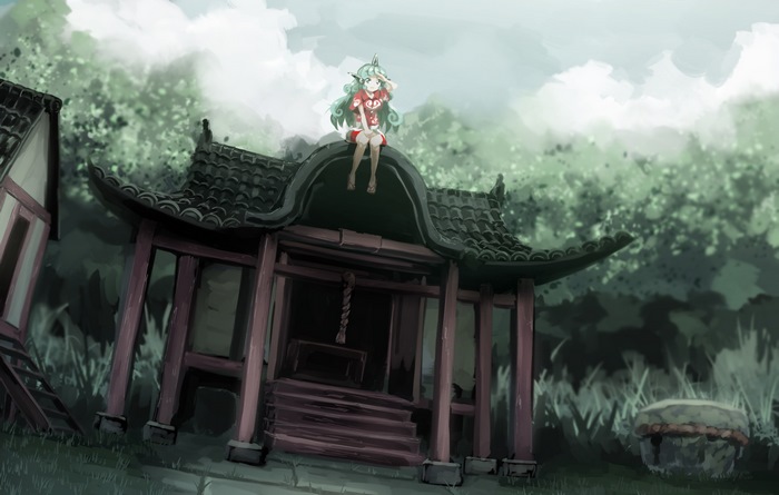 Aunn Komano sitting on a shrine roof