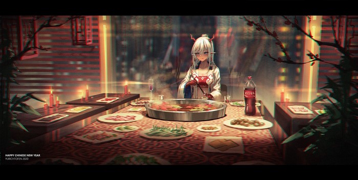 Nian from Arknights celebrating Chinese New Year